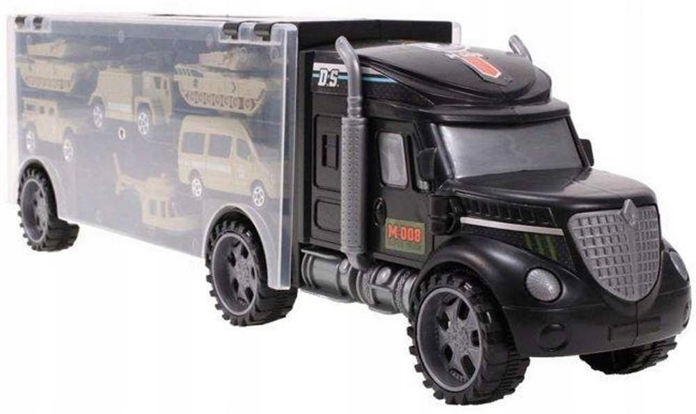 Camion interactiv cu vehicule militare idealSTORE Heavy Duty Army Transport, Echipat cu 6 vehicule militare, Maner pentru a facilita transportul camionului, Vehicule cu piese mobile