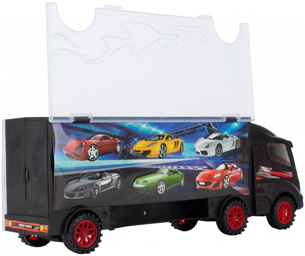 Jucarie Camion SpeedTruck IdealStore, compartimentat cu spatii pentru 6 vehicule din plastic, Dimensiune 31 X 7,5 X 11, Negru