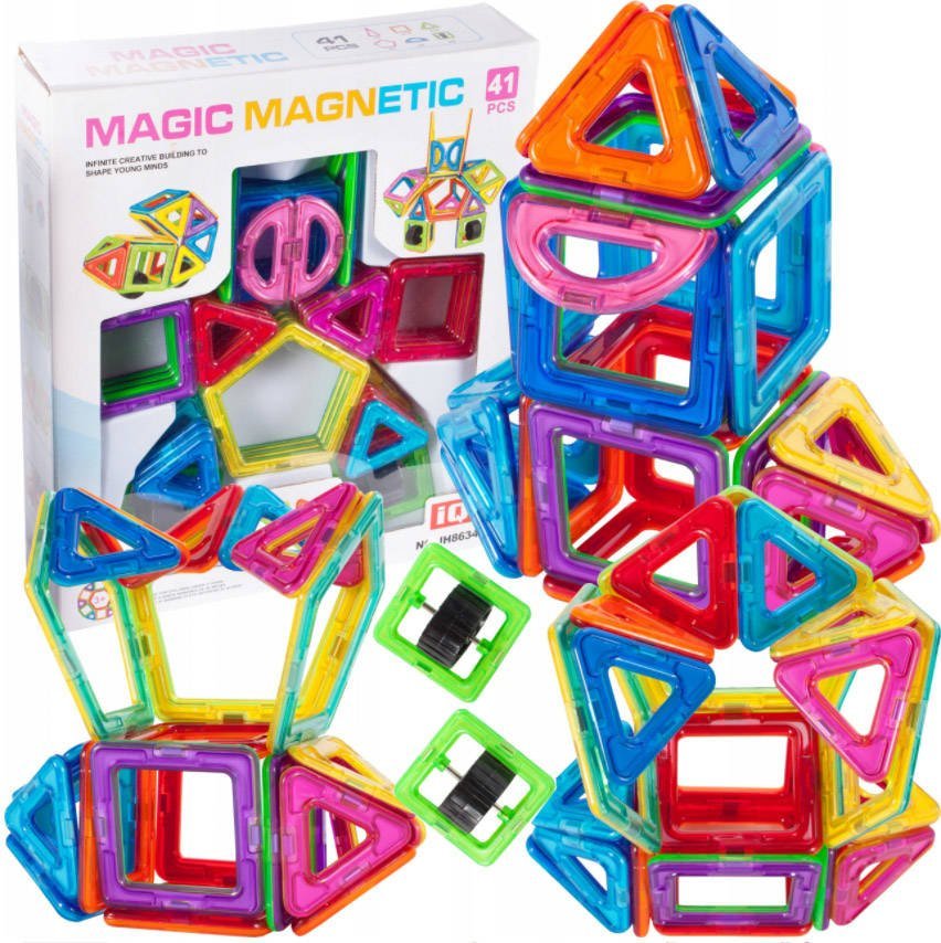 Set Inteligent de constructie Magnetic idealStore, 41 de Piese, Multicolore, Educativ, Creativ, Posibilitatea de forme nelimitate, Stimuleaza imaginatia si creativitatea, Magneti Neodim