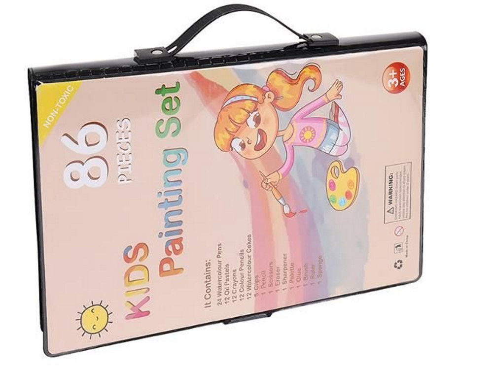 Set complet de Pictura si Desen KIDS PAINTING , roz, IdealStore  Dimensiune 33,5 x 3,5 x 27 cm , 86 de Piese compartimentate in valiza