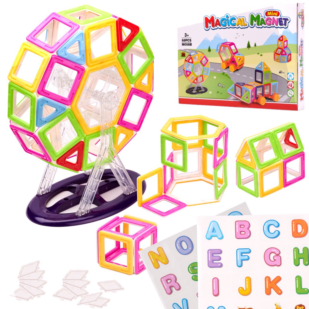 Set de constructie Magnetic Magical Blocks IdealStore, 67 piese, 3D, multicolore,Stimuleaza Imaginatia si Creativitatea, Distractie garantata in familie, Magneti Neodim