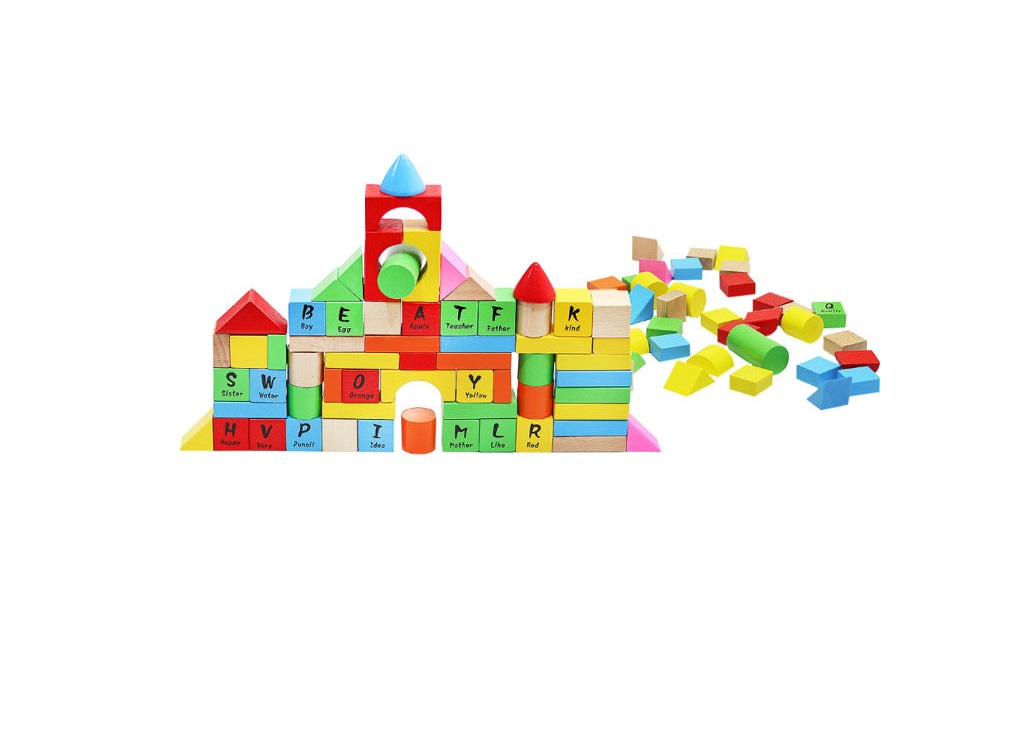 Puzzle Interactiv IDL Cube Words cu Diverse Forme , 100 Cuburi de diverse forme si culori , Ajuta la dezvoltarea creativitatii si coordonarii Mana-Ochi pentru copii , Material : Lemn , Culoare : Multicolor