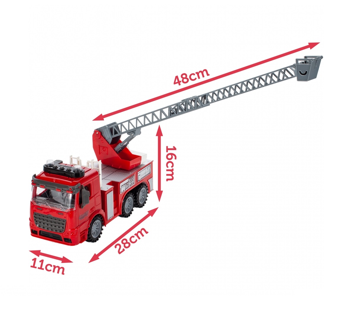 Masina de Pompieri Interactiva IDL, Fourios Red Car,  Dimensiuni 28.0 x 10.0 x 17.5 cm, Echipata cu Scara pliabila si rotativa, Roti mobile cu actionare, Sunete si Lumini superioare intermitente, Culoare Rosie