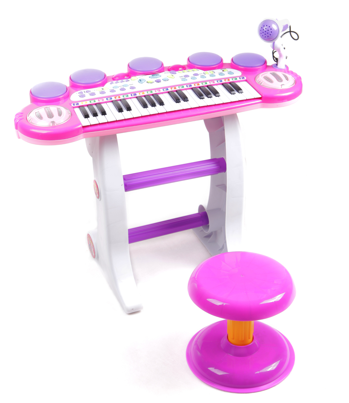 Orga cu Microfon si Scaunel idealSTORE, Glamour Piano, Dimensiuni 45 x 60 x 25 cm, Echipata cu 37 taste functionale, Lumini colorate, Dezvolta dexteritatea manuala Mov-alb