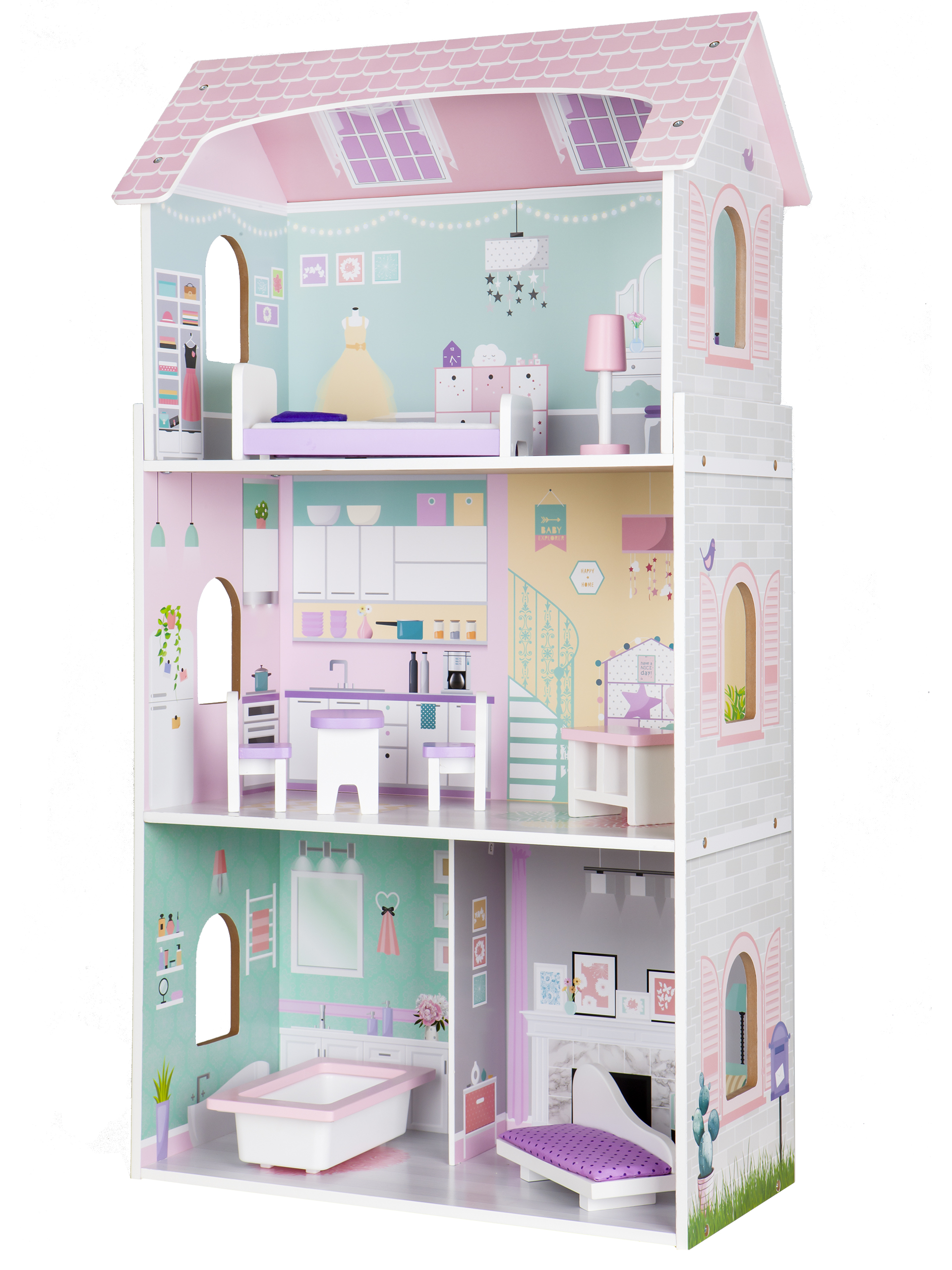 Casuta de Papusi din LEMN idealSTORE, Lovely Purple Princess, Dimensiuni 53 x 27 x 95 cm, Construita pe 3 niveluri  cu 4 camere , Accesorizata cu mobilier ce imita perfect o adevarata casa rezidentiala
