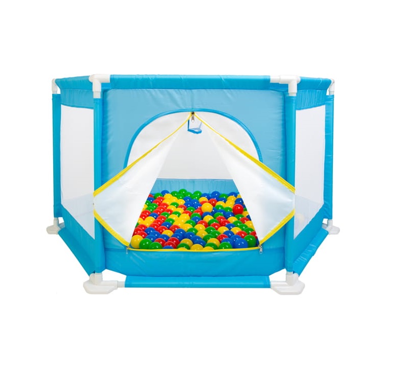 Tarc de joaca pentru copii idealSTORE Rainbow Place Ball, Dimensiuni 146 x 73 x 64 cm, Accesorizat cu cos de baschet + 100 bile multicolore, Spatiu sigur fara margini ascutite, Design Pliabil