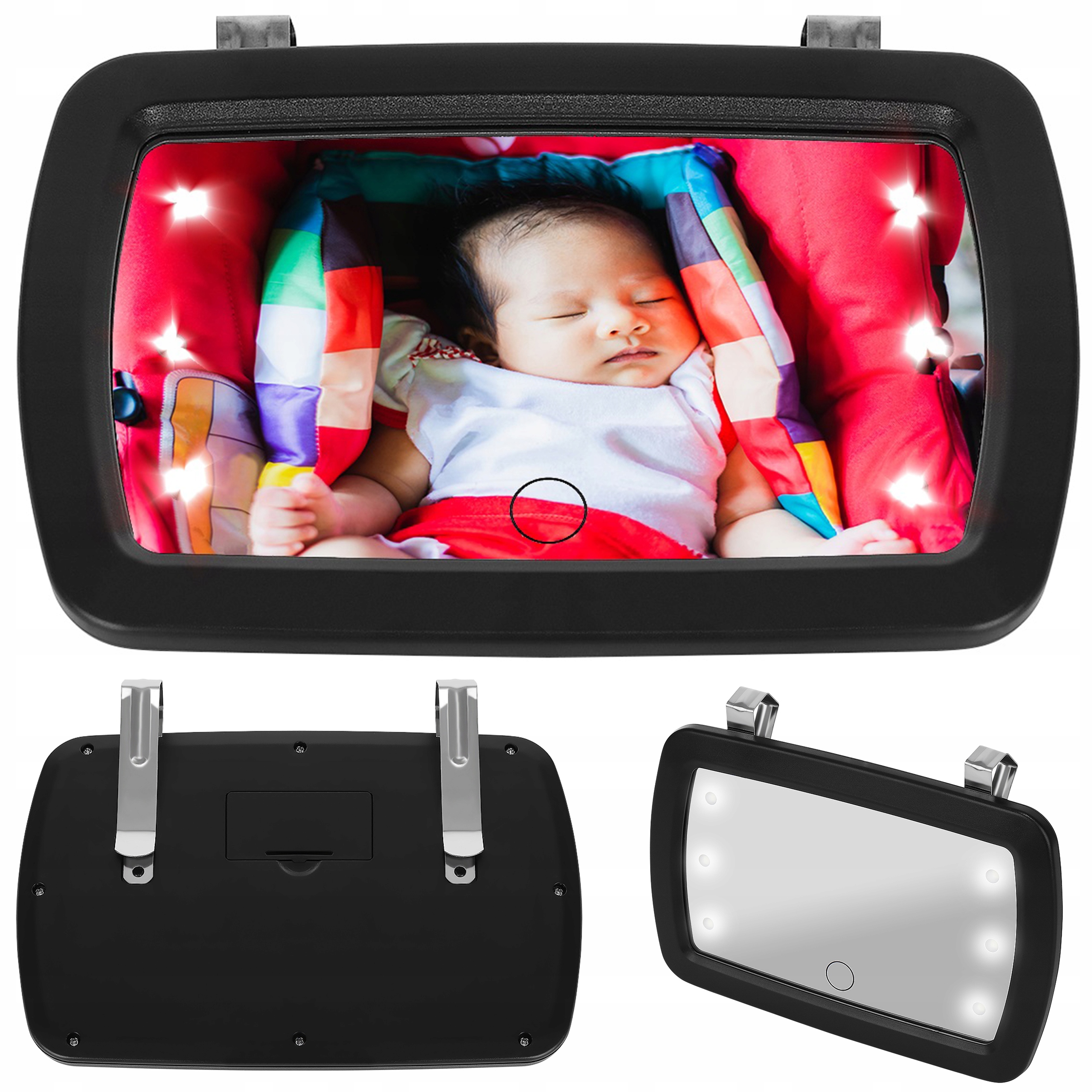 Oglinda auto pentru bebelusi cu LED idealSTORE Junior Magic Mirror, Dimensiuni 18 x 11 cm, Rotatie 360 de grade, Proiectata sa observe copilul pe scaunul auto, Se monteaza pe parasolar cu doua manere