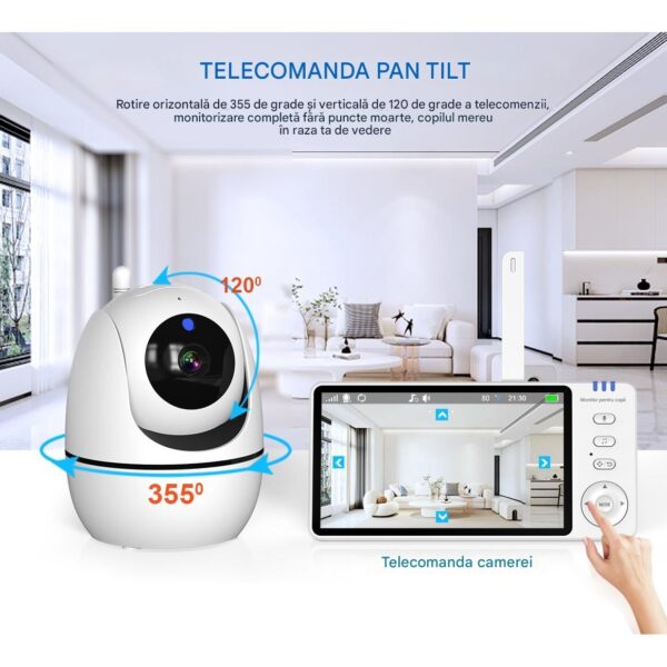 Baby Monitor si Camera de Supraveghere idealSTORE KidsGuard, Unghi 355, Inclinare 110, Night Vision, Zoom 4X, Raza Lunga 1300 m, Alerta Temperatura, Comunicare in 2 Sensuri, Alarma Hranire, Autonomie 30 Ore, Mod VOX, Ecran Mare 5″, Cantece de Leagan