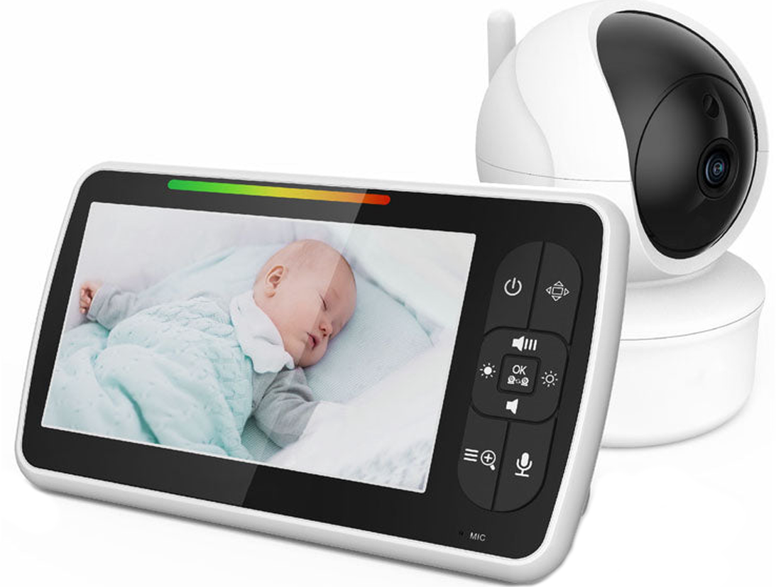 Sistem de Monitorizare Video si Audio Pentru Bebelusi Baby Angel idealStore, Ecran LCD Color 5 inch, Vedere Noctura cu Infrarosu, Monitor de Temperatura, Posibilitate de Interactiune cu Bebelusul, Cantece de Leagan, Wireless, Momento