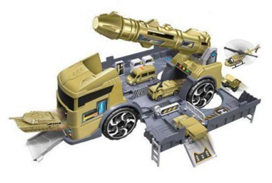 Camion Militar Army Truck idealStore, Dimensiuni 34.5 x 10.5 x 15 cm, Lansator de Rachete Mobil, 5 Vehicule Militare, Statie de Petrol, Camion cu Functie de Deschidere