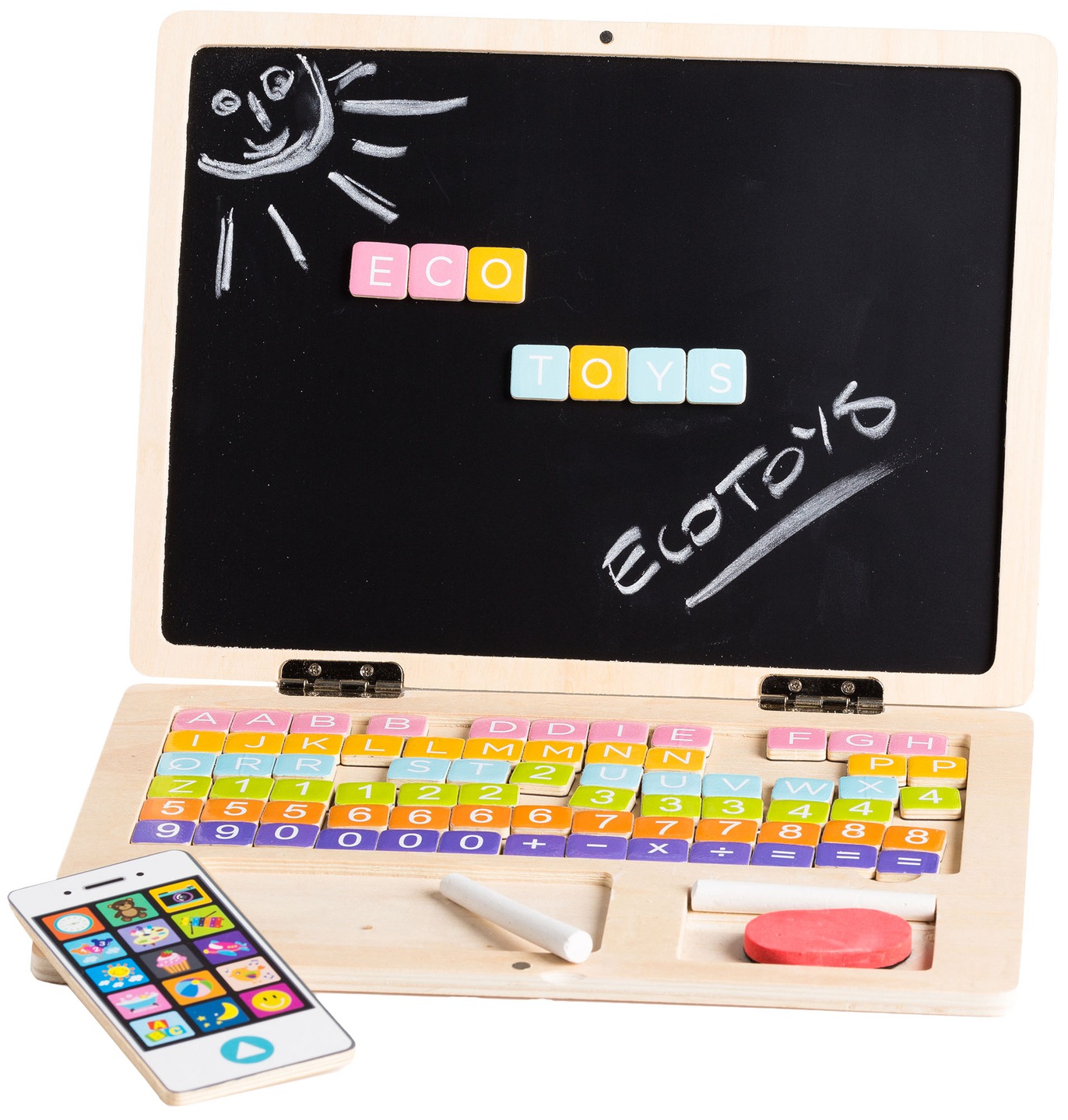 Tablita Interactiva stil Laptop din Lemn cu Telefon 2 IN 1 IDL, JUNIOR BUSINESSMAN, Contine 78 de Elemente Magnetice in culori vii, Numere, Litere si Simboluri Matematice cu Rol in Dezvoltarea Socio-Emotionala si Cognitiva