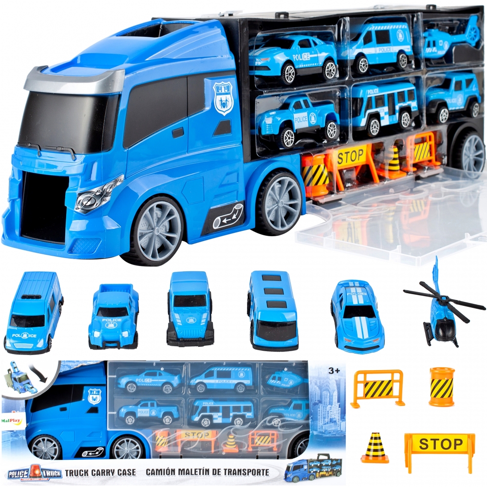 Camion de Politie Stil Valiza Blue Rage idealSTORE, Dimensiuni 39 x 12 8 cm, Accesorizat cu 5 vehicule de politie, elicopter 4 accesorii rutiere, Tobogan de masini, Maner retractabil pentru transportat