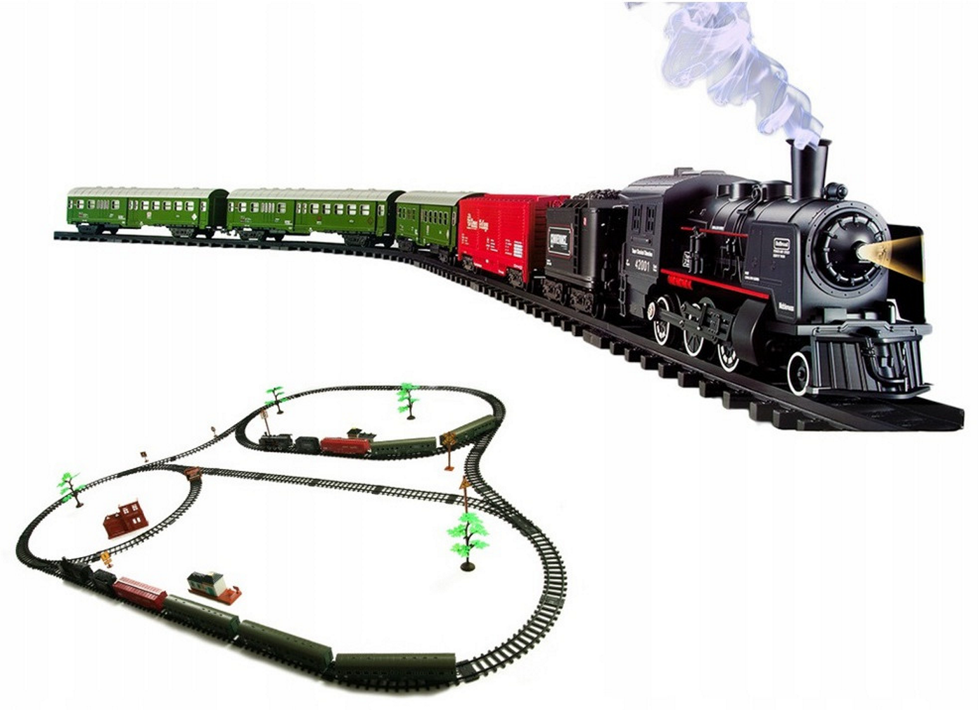 Circuit electric cu tren idealSTORE Rail Classic Train, Include locomotive, vagoane, elemente de trasee si indicatoare feroviare, Accesorizat cu lumini, sunete si abur, Dezvolta imaginatia, abilitatile manuale si coordonarea