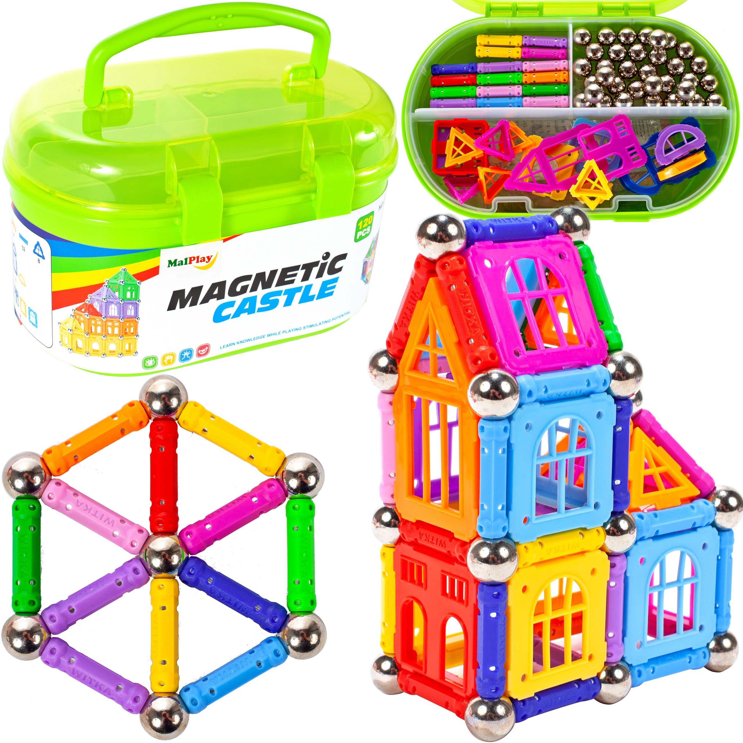 Set Blocuri Magnetice idealStore Castle Construction 3D, Creaza Constructii Tridimensionmale, Dezvolta Rabdarea si Concentrarea, 120 de elemente