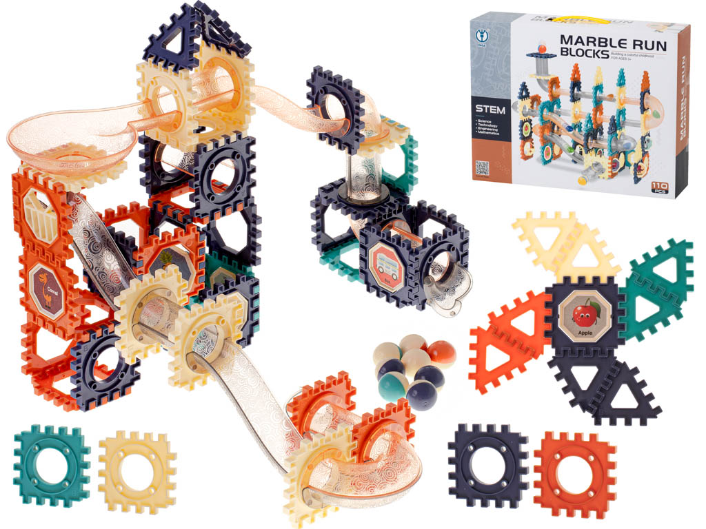 Set de constructie Marble RUN Blocks IdealStore, 110 piese, multicolore, Pista si Bile incluse, Stimuleaza imaginatia si creativitatea, Distractie garantata in familie