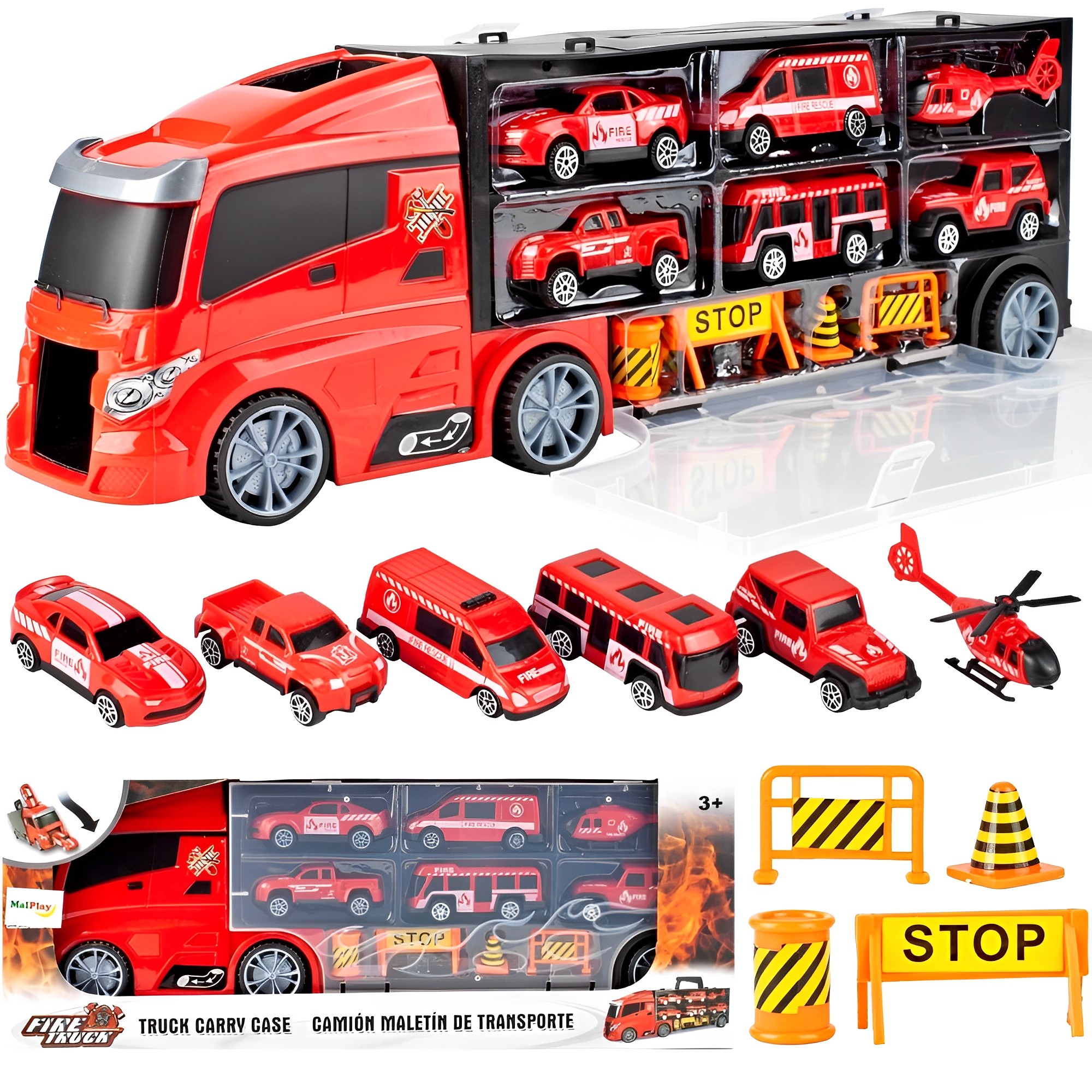 Camion interactiv Fire Truck idealSTORE cu 6 utilaje de pompieri Dimensiuni 40 x 9 x 13 cm, Include elicopter, autobuz