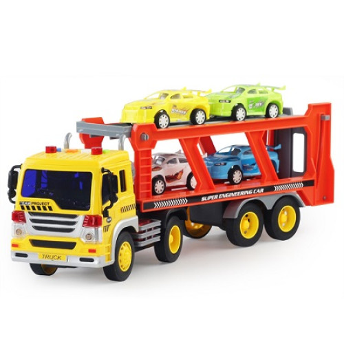 Masina Tir Lary Toys cu platforma cu 4 masinute pentru copii, incluse accesorii