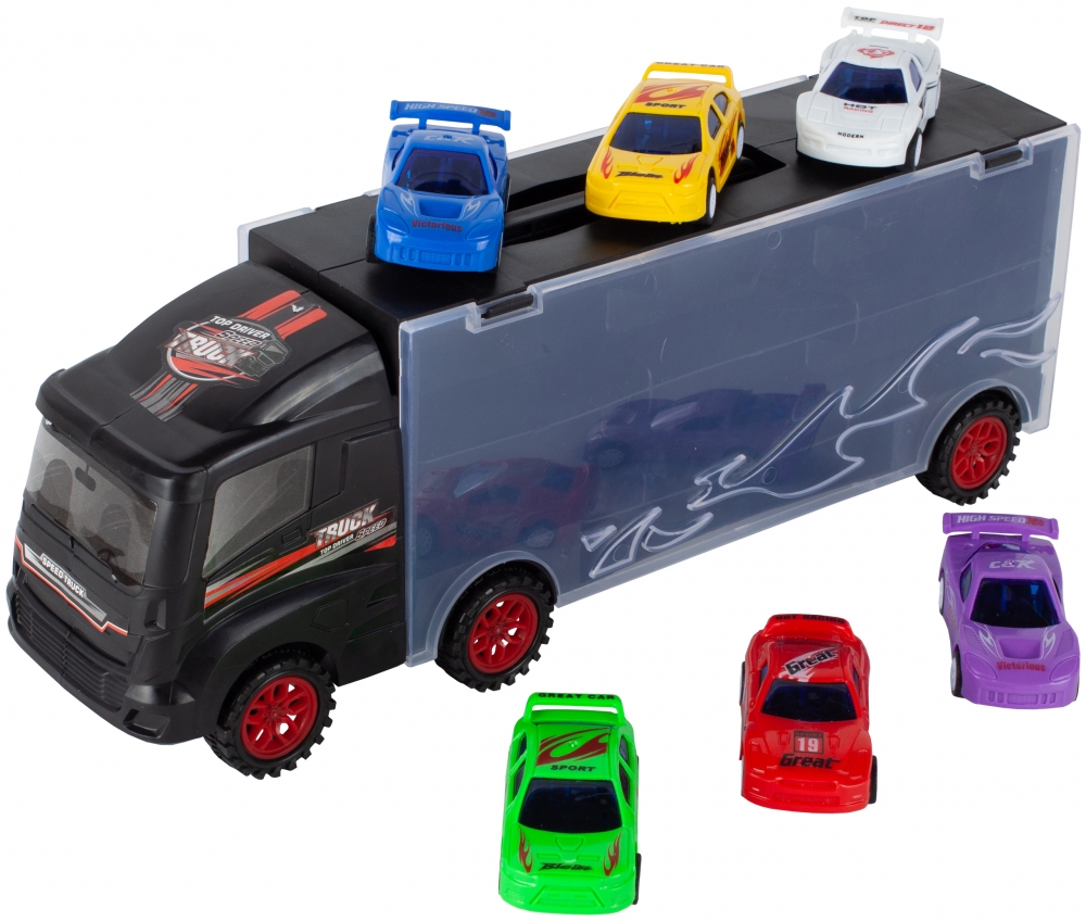 Set Camion cu 6 masinute Speed Truck idealSTORE, Dimensiuni 31 x 8 x 11 cm, Include masinute de diferite culori, Panou transparent, Loc pentru 12 vehicule, Maner retractabil pentru transport, Fabricat din plastic Rezistent