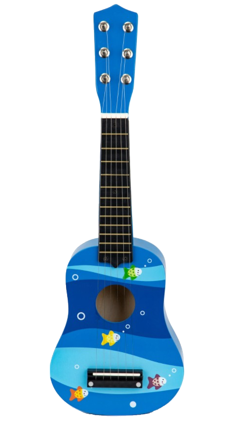 Chitara acustica din lemn pentru copii idealStore Blue Tunes, 6 corzi metalice, 12 taste, Constructie de lemn, Include pana pentru chitara