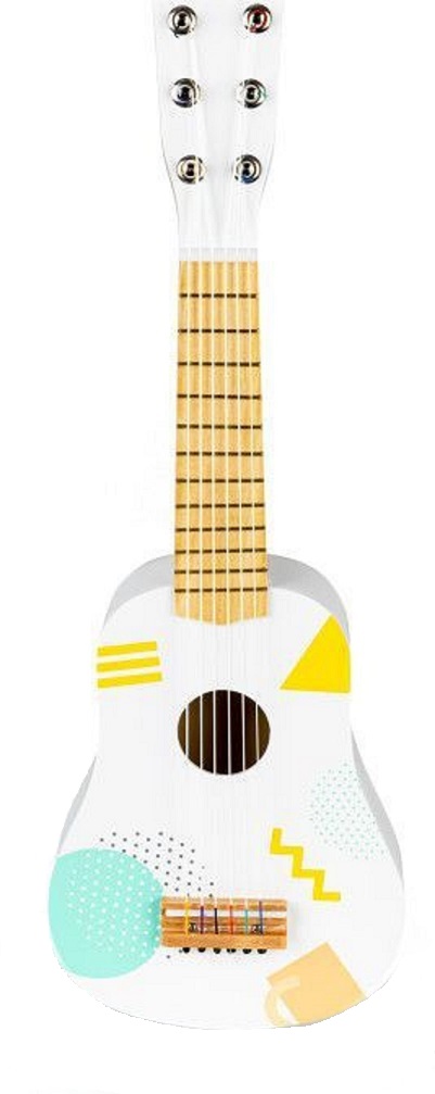 Chitara acustica din lemn pentru copii idealStore White Tunes, 6 corzi din nailon, 12 taste, Constructie de lemn, Include pana pentru chitara
