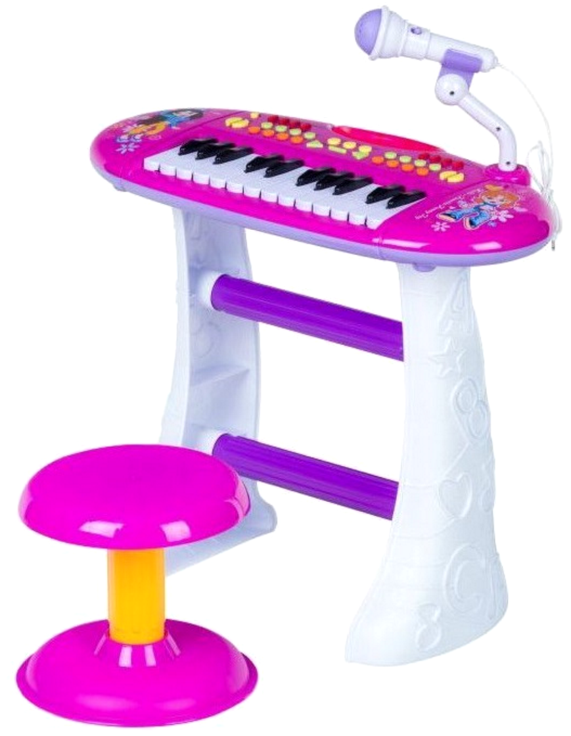 Orga Electronica cu Microfon si scaunel idealSTORE, Pink Hanna Singer, Dimensiuni 41 x 48 x 24 cm, Accesorizata cu 24 taste de Pian ce incurajeaza jocul de rol, Alb-Roz