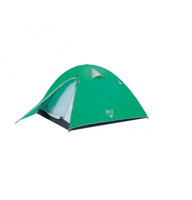 Cort camping pentru 2 persoane Green Glaciar, Realizat din poliester, Prevazut cu folie de protectie la sol din polietilena, Dimensiuni 200 + 70 x 200 x 120 cm, Calitate premium, Alaturi de sac pentru transport