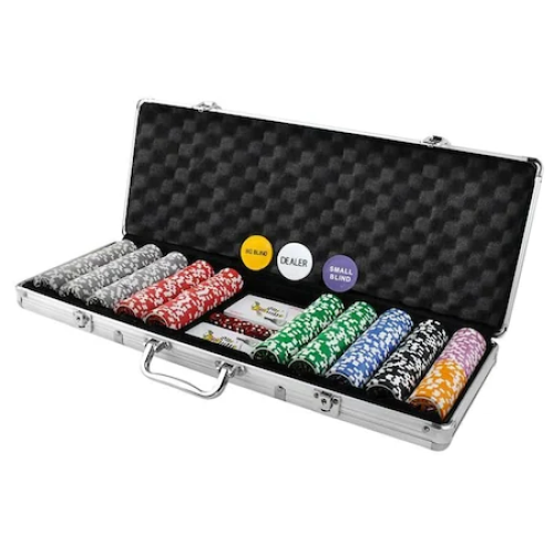 Set de Poker Texas 500 Jetoane Zenino – 2 Seturi Carti de Joc Profesionale, Master Lux, 5 Zaruri, Servieta Securizata, Argintiu