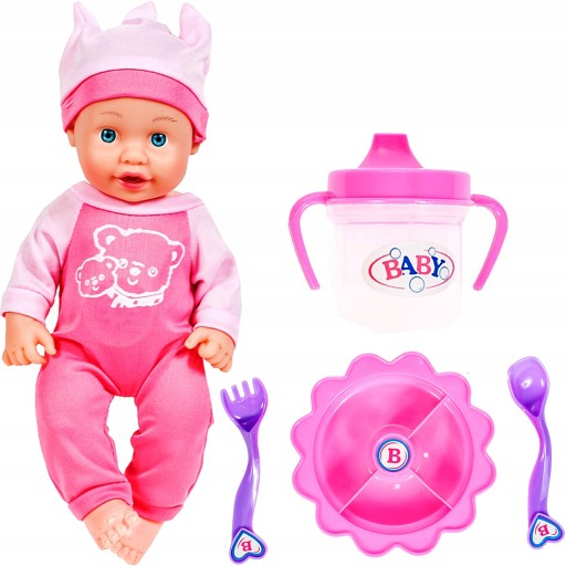 Bebelus Interactiv idealStore Sweet Baby cu Accesorii Pentru Hranire, Salopeta, Sticluta, Tacamuri, Farfurie