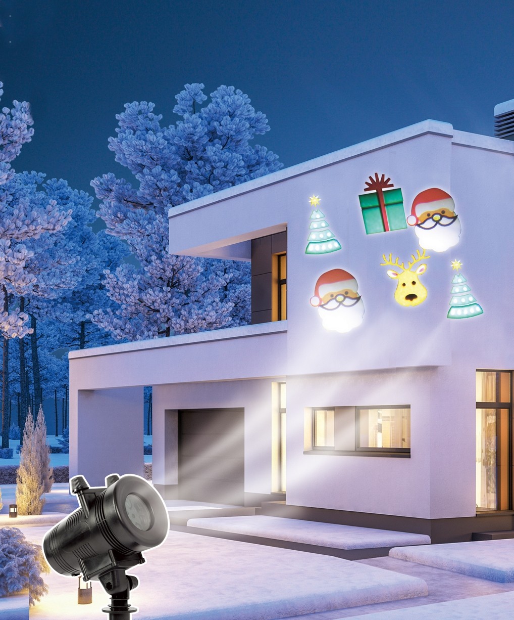 Instalatie Craciun IDL Laser Shower pentru iluminarea casei ce include 6 filme cu 4 modele diferite ce au proiectie multicolora,  Model rotativ cu 4 surse de tip LED cu 8 ore de functionare