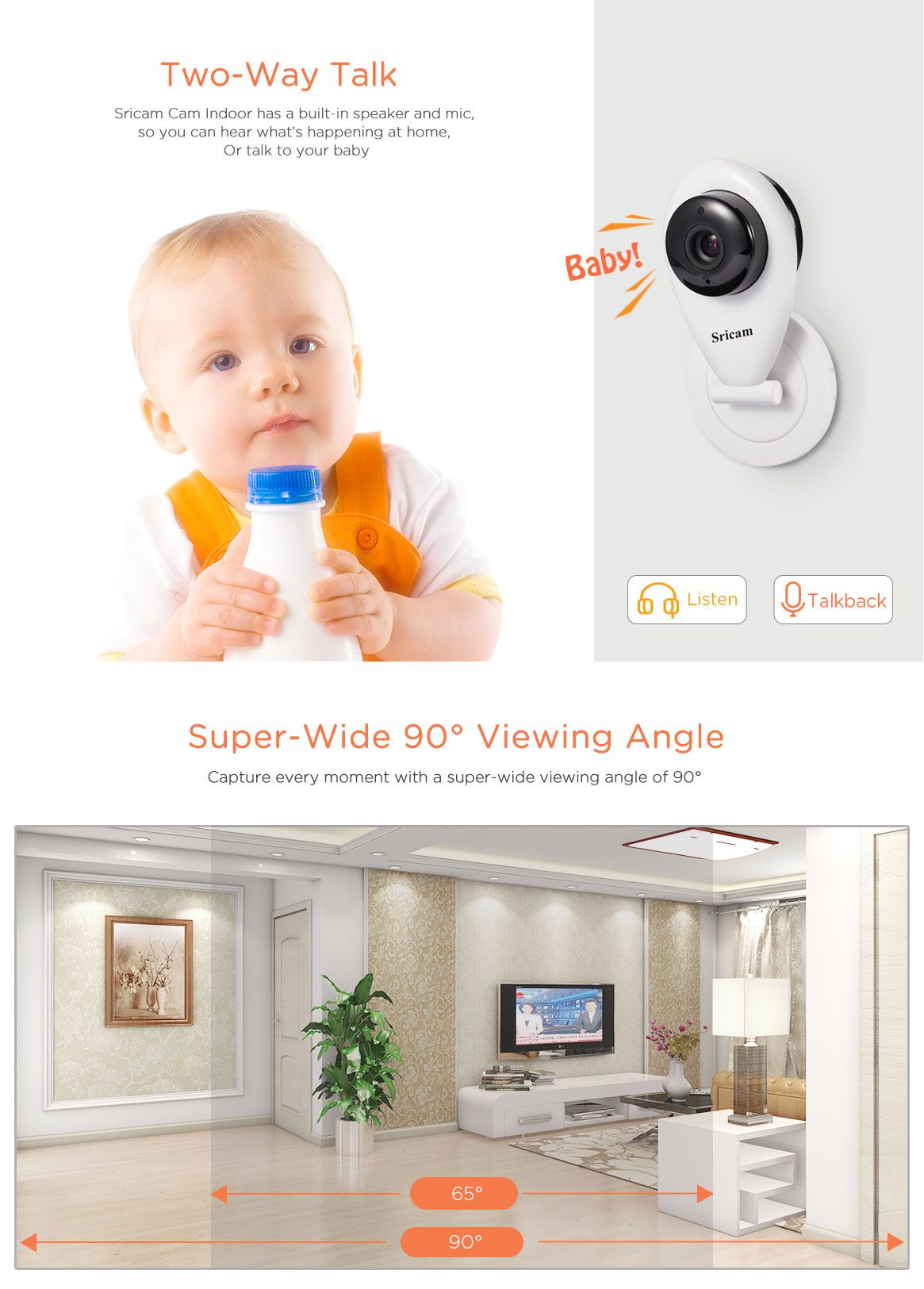 Sistem Baby Monitor SR09 2018 cu aplicatie pe Telefon , Wi-Fi, Rezolutie 720P HD , Culoare Alb ,Unghi vedere 90 , Night Vision, senzor miscare marca Sony , Suport Card Memorie , Microfon cu 2 cai , Notificari prin e-mail