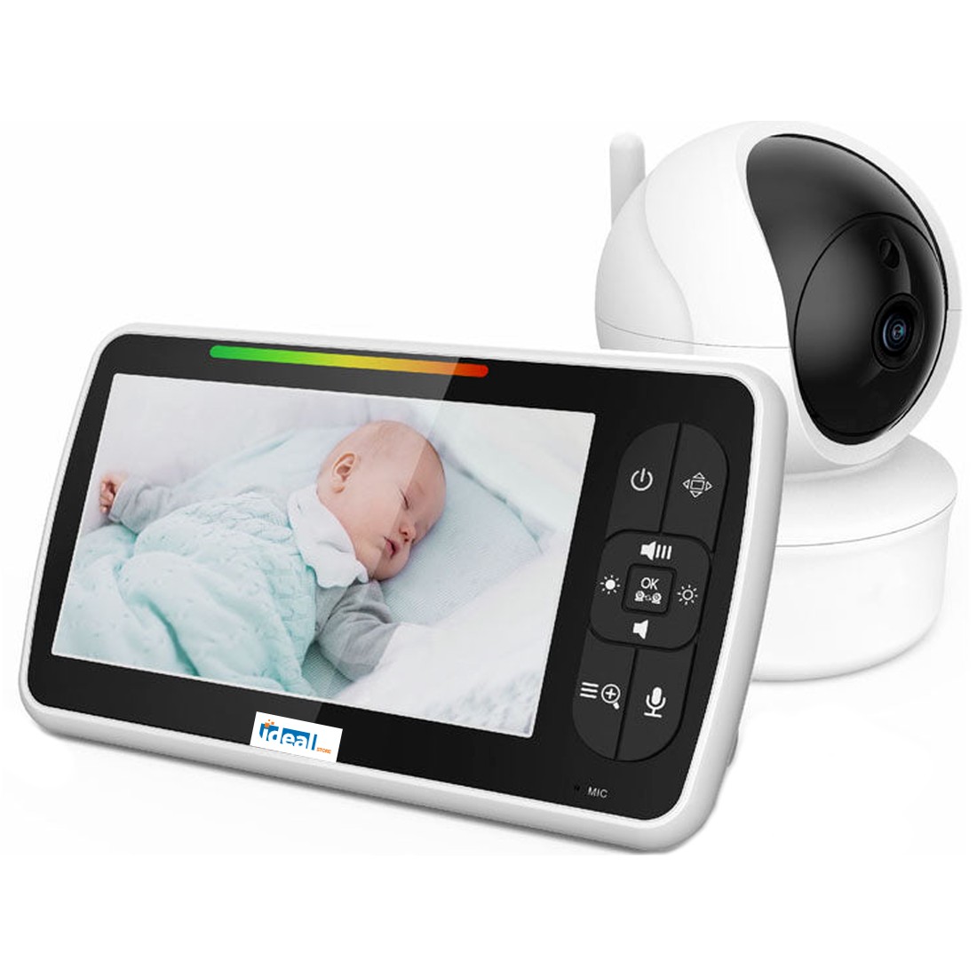 Sistem de Monitorizare Video si Audio Pentru Bebelusi Baby Angel idealStore, Ecran LCD Color 5 inch, Vedere Noctura cu Infrarosu, Monitor de Temperatura, Posibilitate de Interactiune cu Bebelusul, Cantece de Leagan, Wireless, Momento